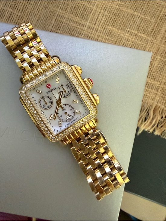 Michele Accessories - Michele Gold-Tone Diamond Bezel Mother-of-Pearl Chronograph Watch